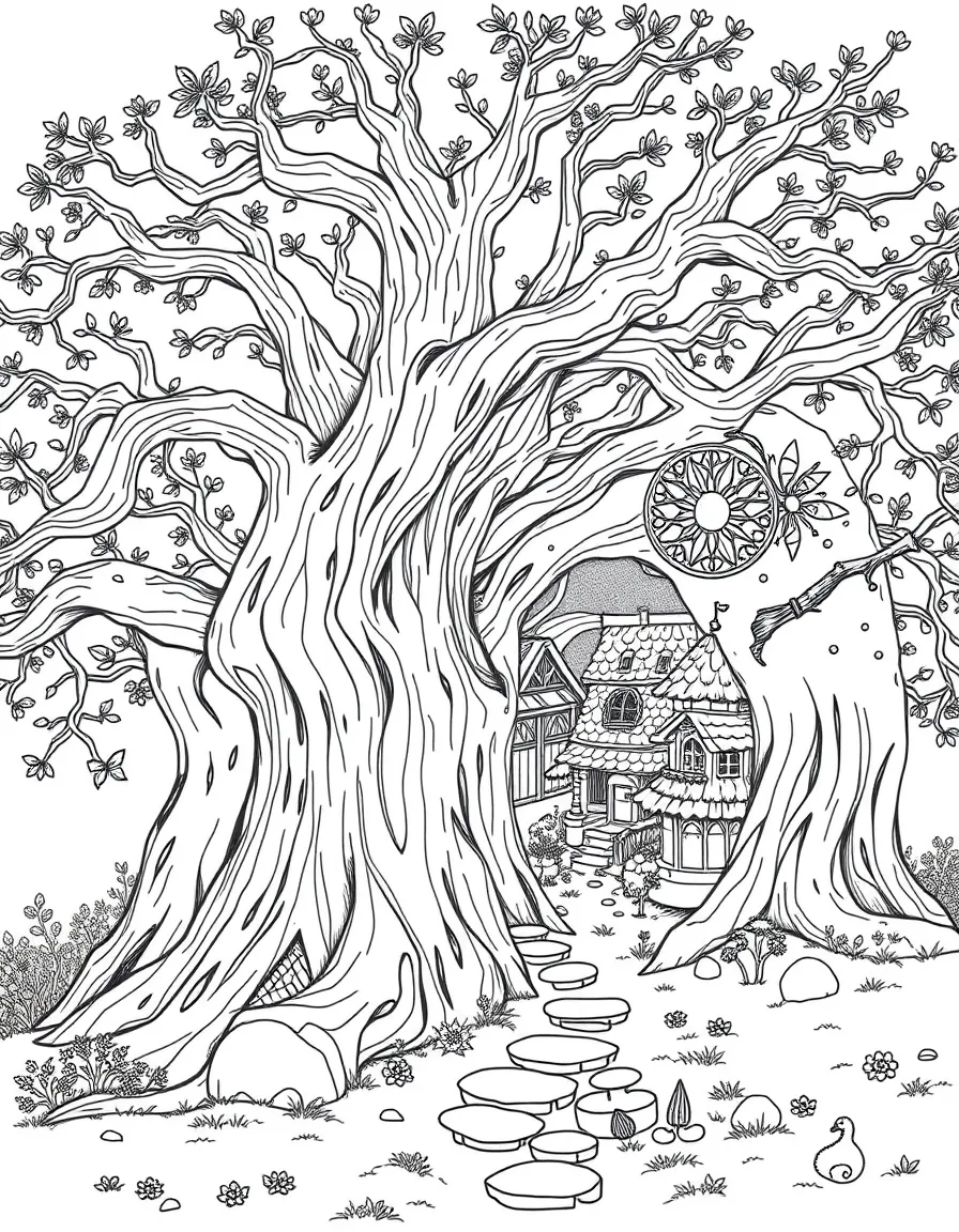 A fairy village built into the hollows of an ancient oak tree