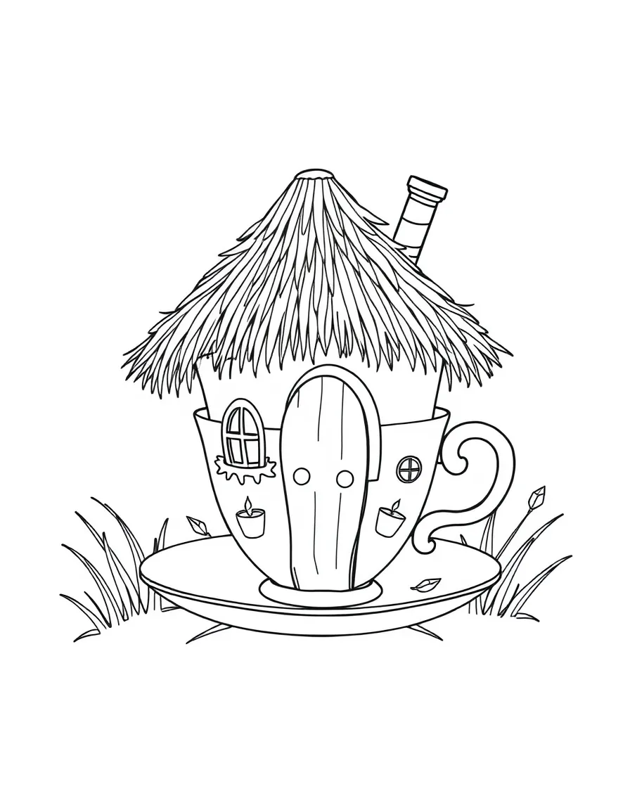 A fairy house made from a teacup with a thatched roof of woven grass