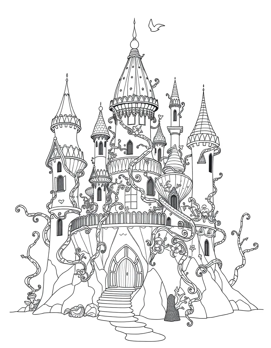 An elaborate fairy castle with towers made of twisting vines and seashells