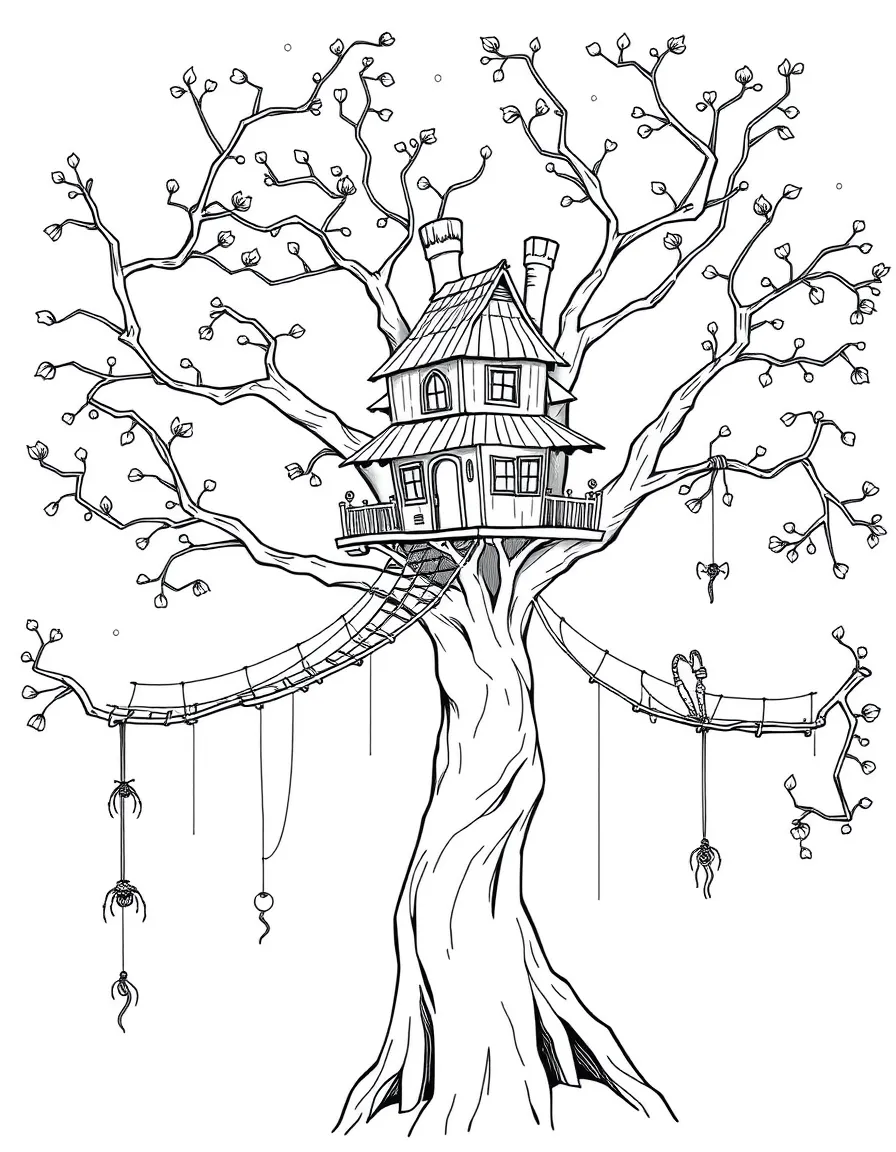 A fairy treehouse connected by spider silk bridges between branches