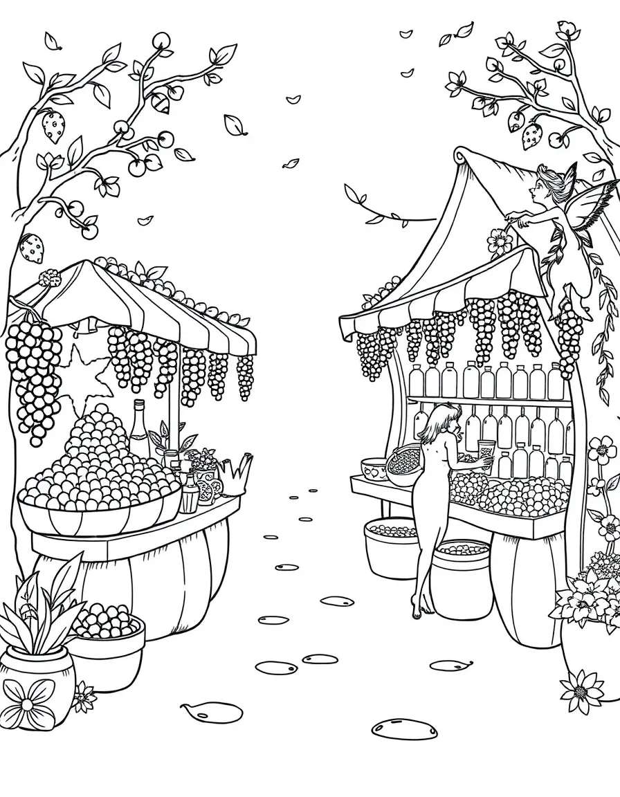 A fairy marketplace with stands selling berries, seeds, and flower nectar