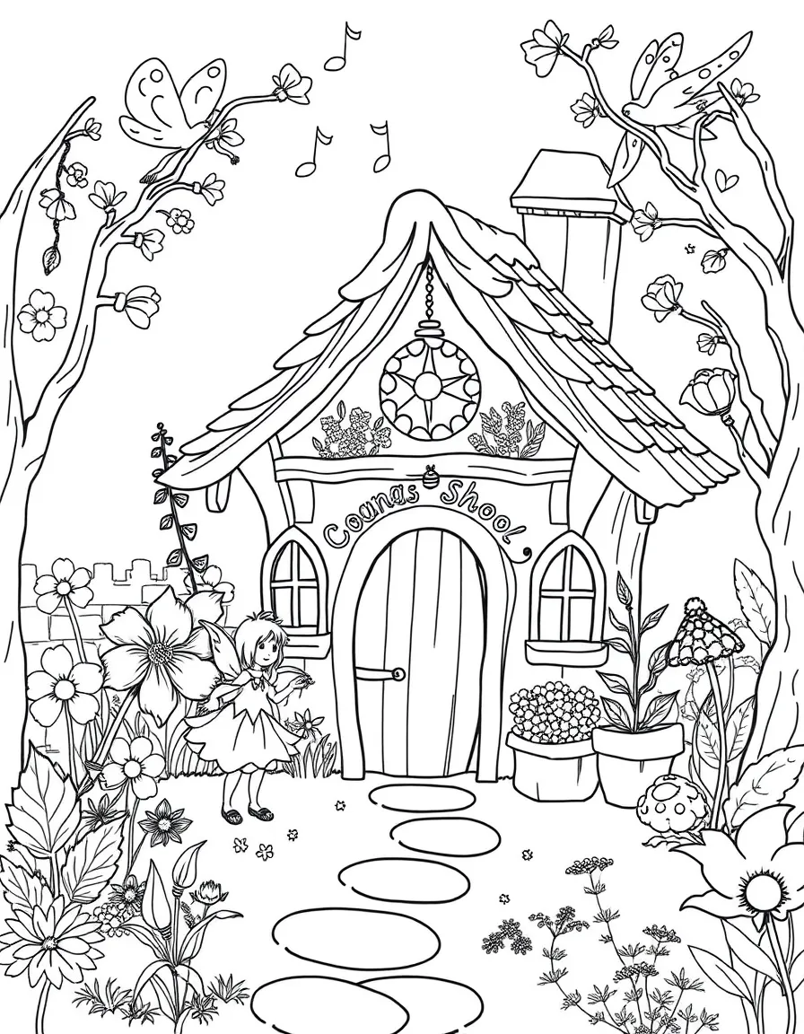 A fairy schoolhouse where young fairies learn magic and plant care