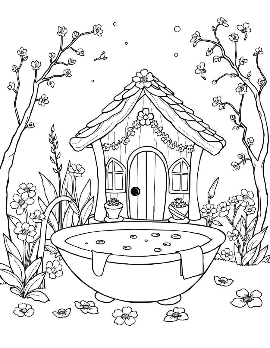 A fairy bathhouse with dewdrop pools and flower petal towels