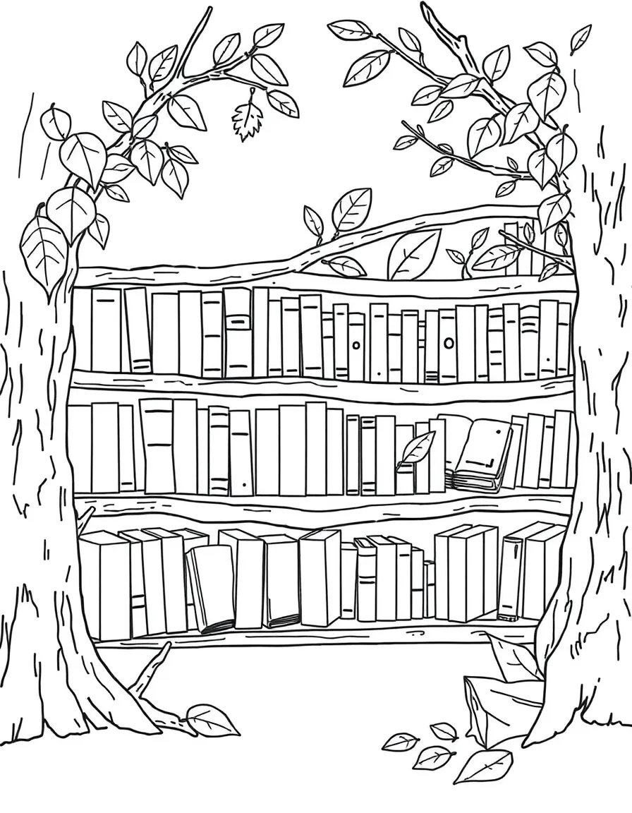 A fairy library with books made from leaves and bark, organized on twig shelves