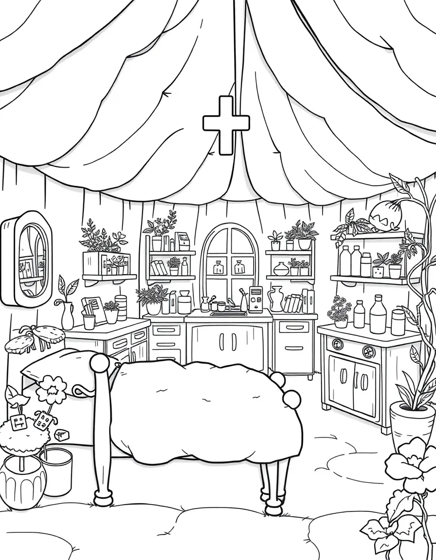 A fairy hospital with beds made of cotton fluff and herbal medicine stations