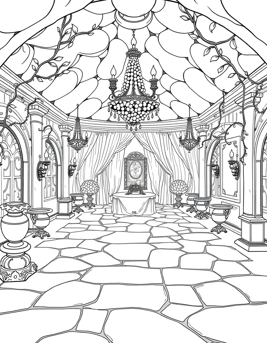 A fairy ballroom with a floor of polished stone and chandeliers of glowing berries