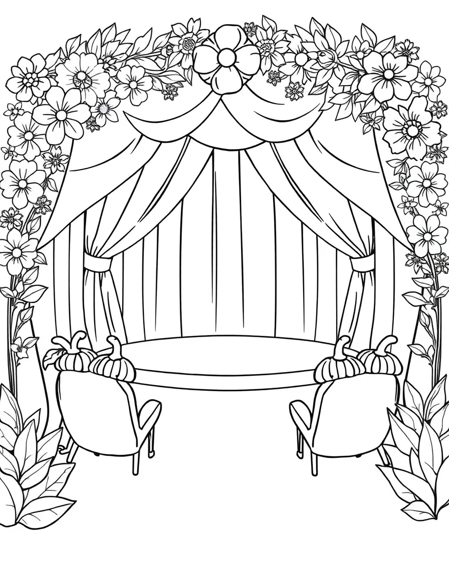A fairy theater with acorn cap seats and a stage framed by flower curtains