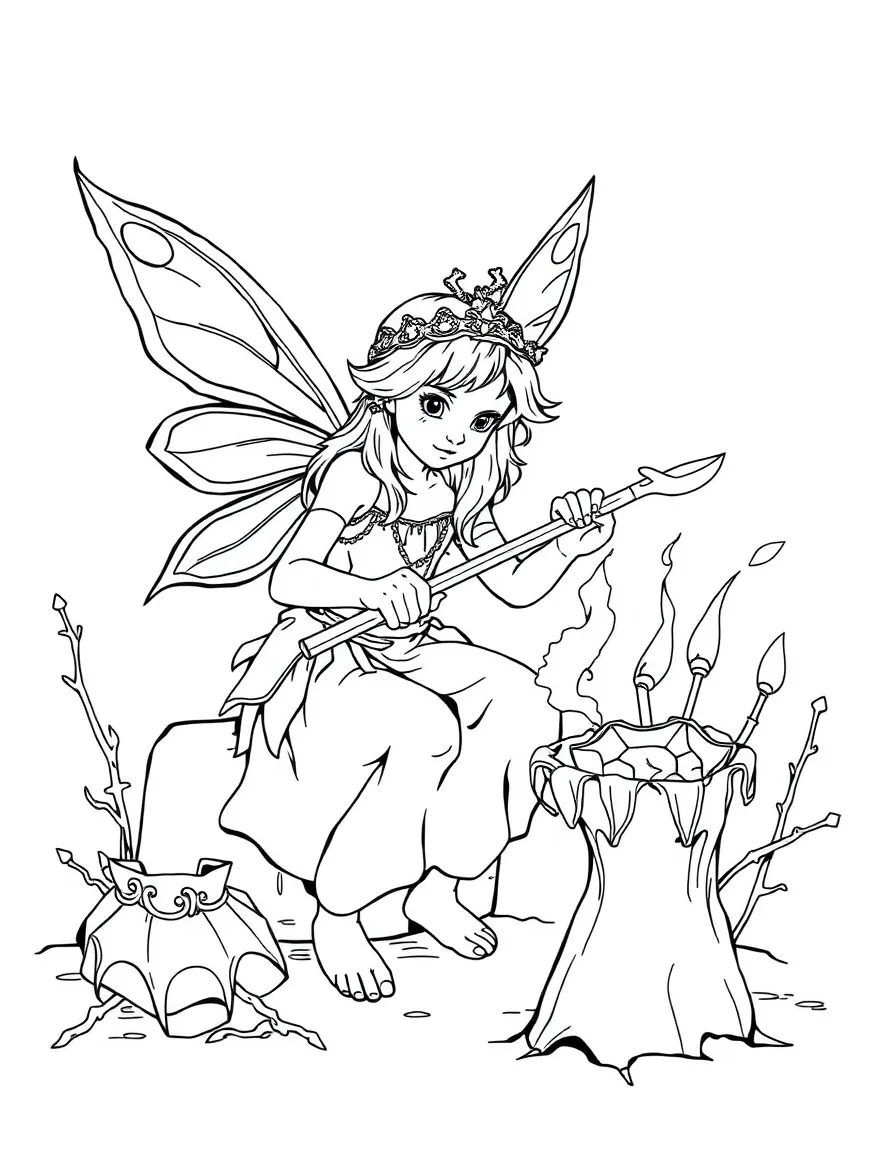 A fairy blacksmith forging tiny tools from thorns and bits of metal