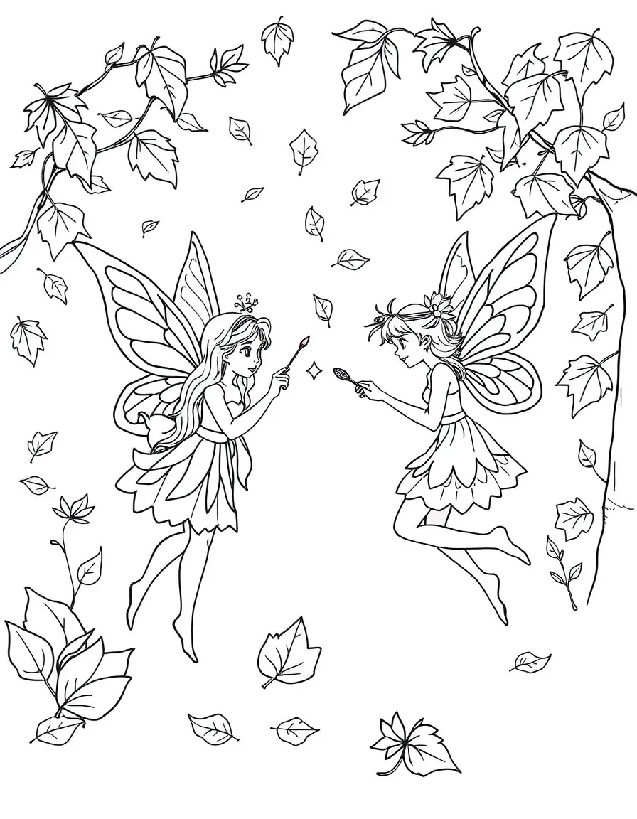 Fairies painting autumn colors onto falling leaves