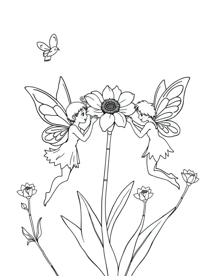 Fairies helping flowers bloom by gently pulling open petals
