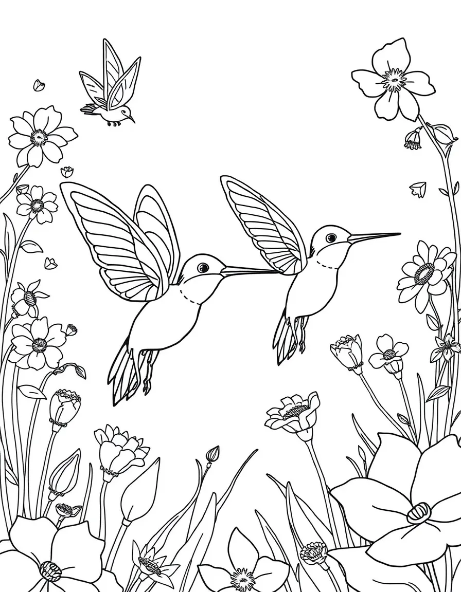 Fairies riding on the backs of hummingbirds through a garden