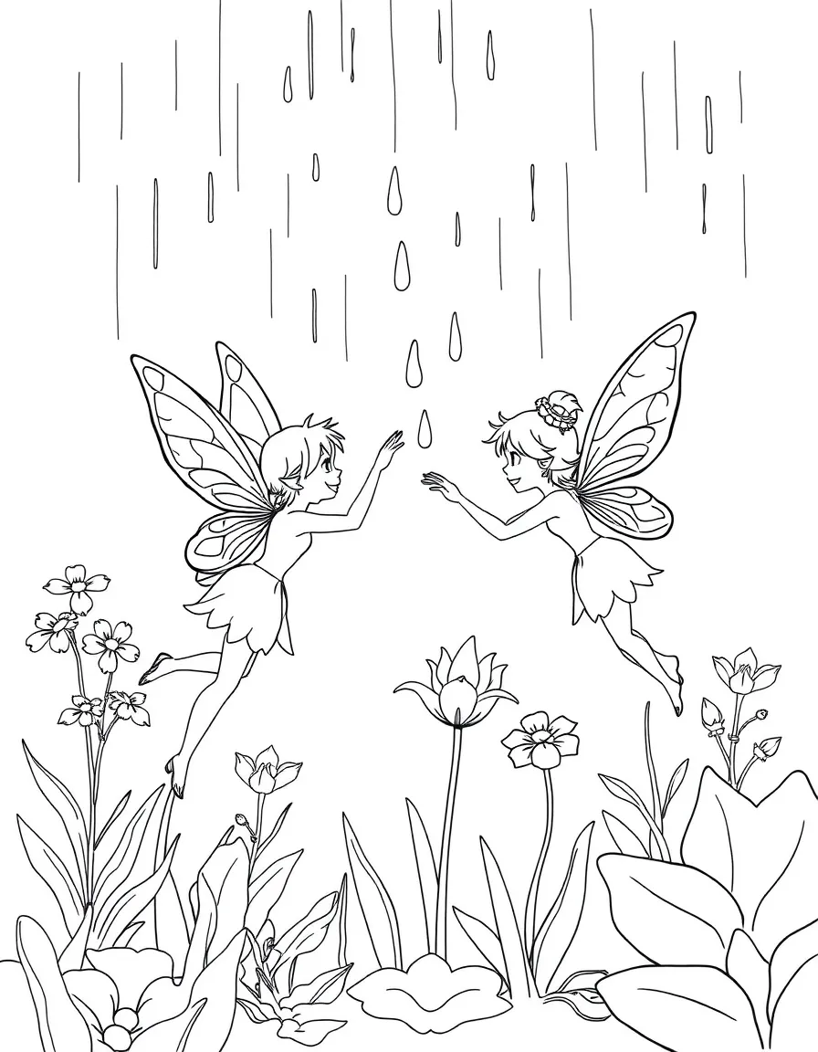 Fairies directing raindrops to thirsty plants during a light shower
