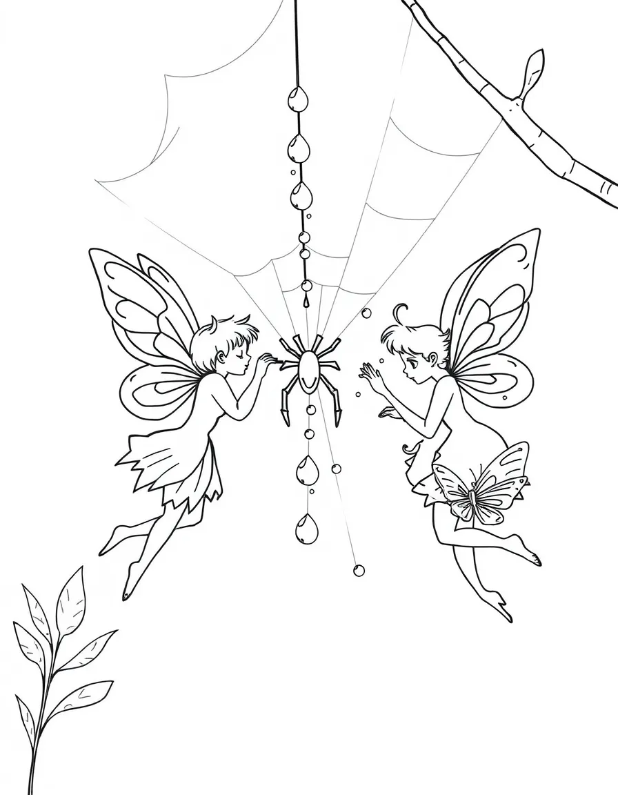 Fairies polishing dewdrops on a spider's web to make them sparkle