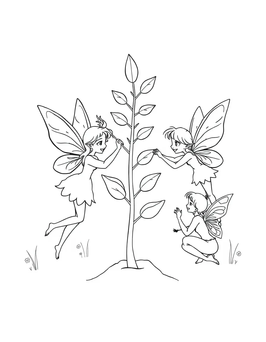 Fairies working together to help a seed sprout into a sapling