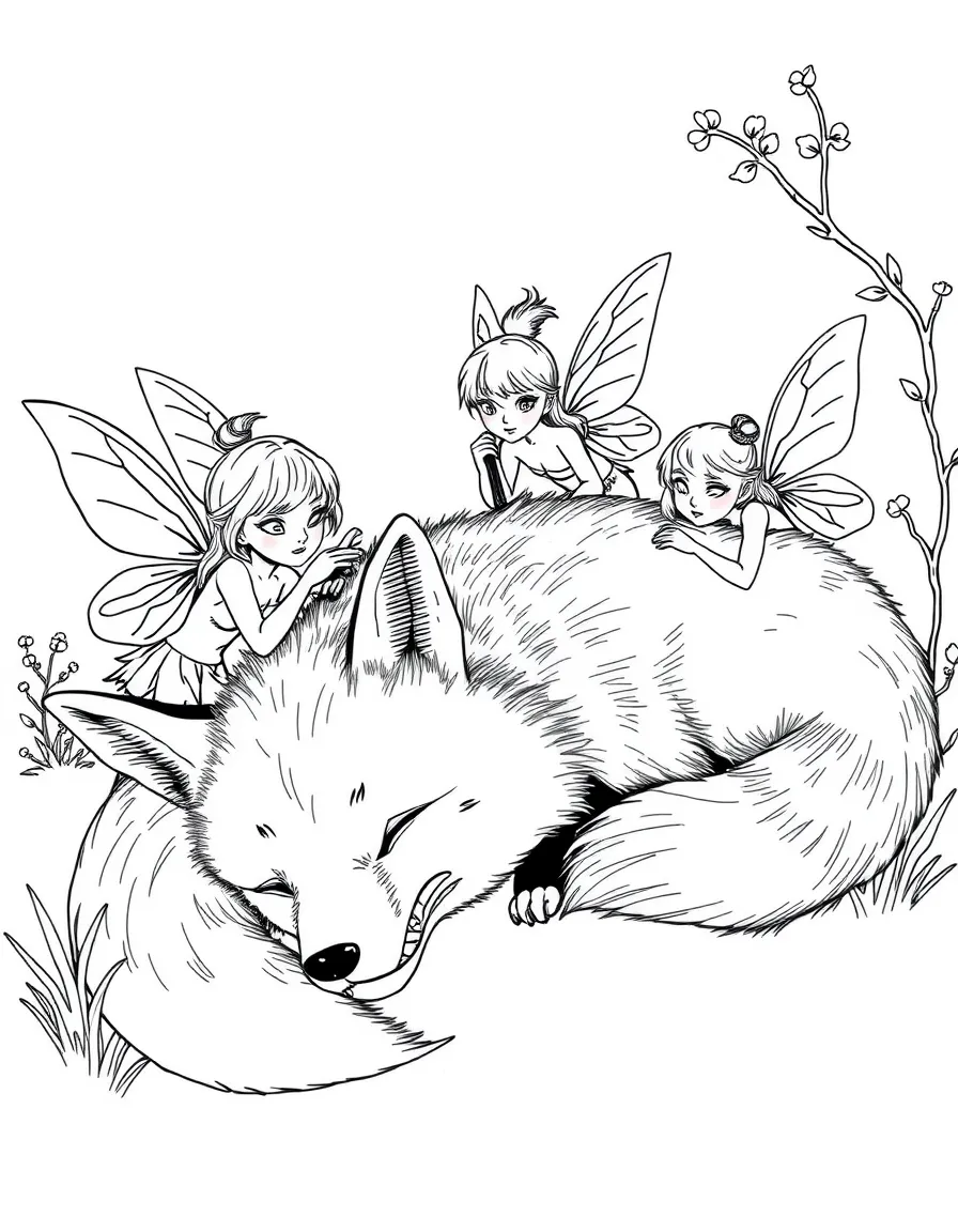 Fairies untangling the fur of a sleeping fox with tiny combs