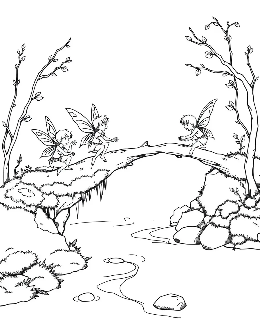 Fairies building a bridge across a stream using twigs and moss