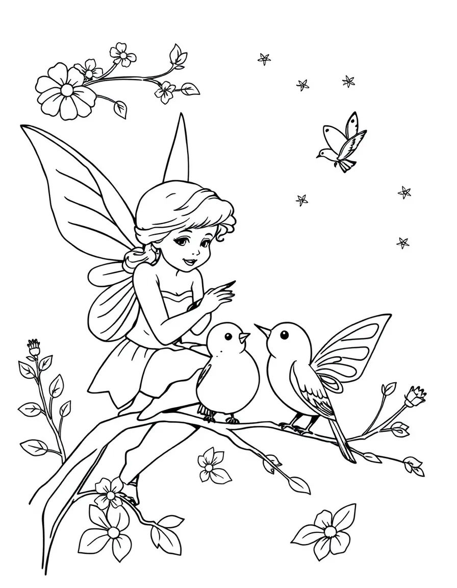Fairies teaching baby birds to sing by whistling melodies