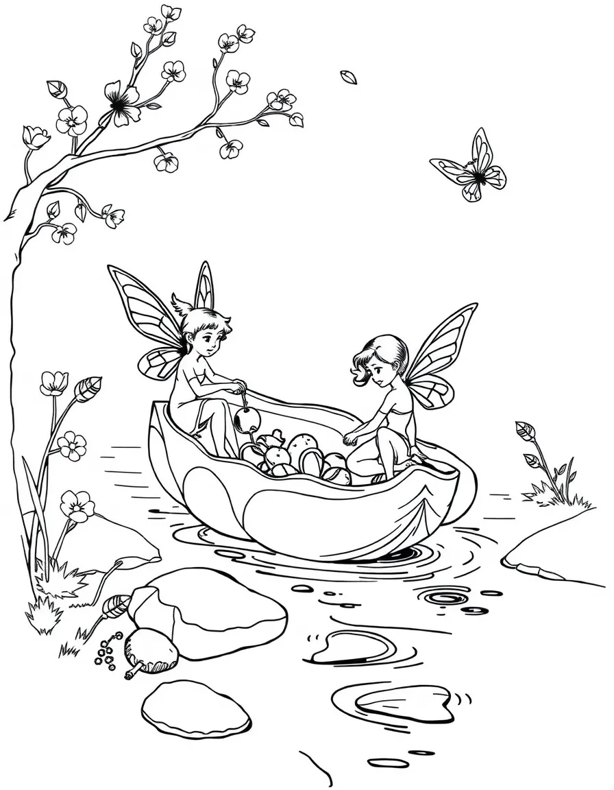 Fairies using seedpods as boats to navigate down a gentle brook