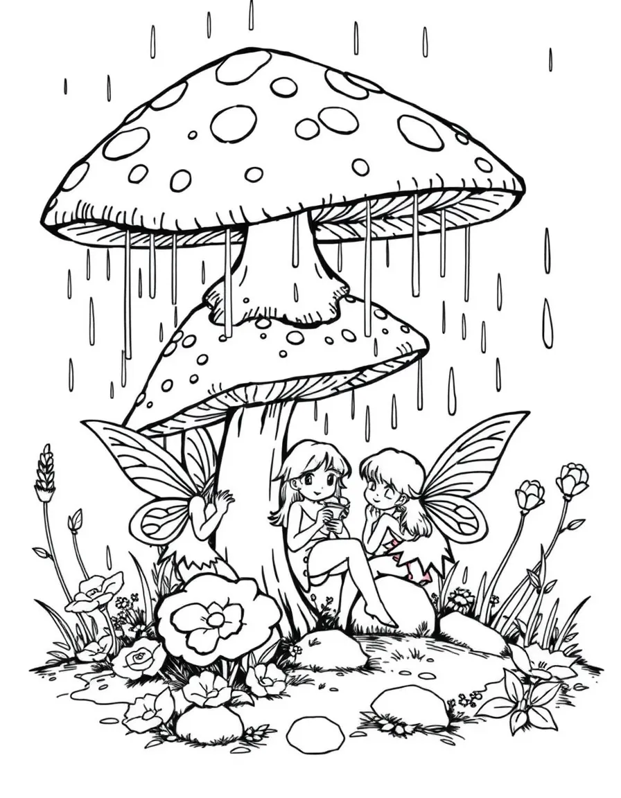 Fairies sheltering from rain under large toadstools with spotted caps