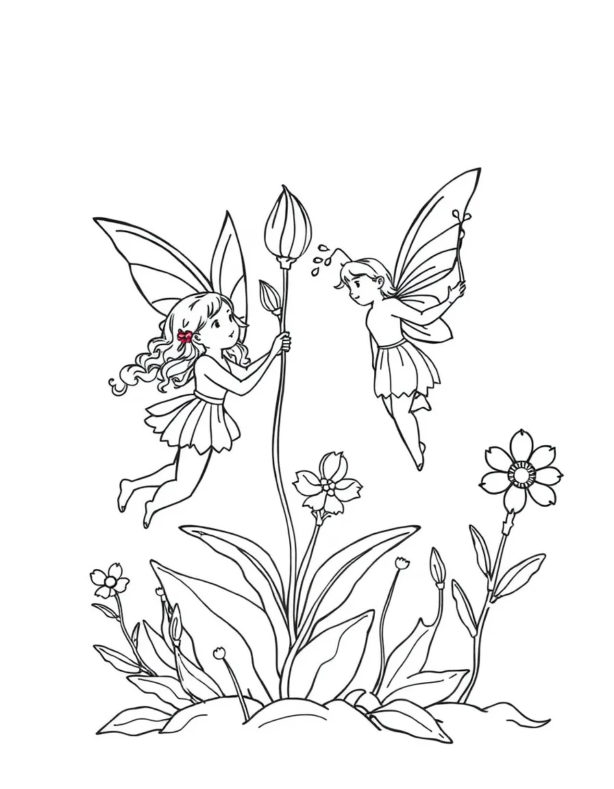 Spring fairies with flower bud wands awakening dormant plants