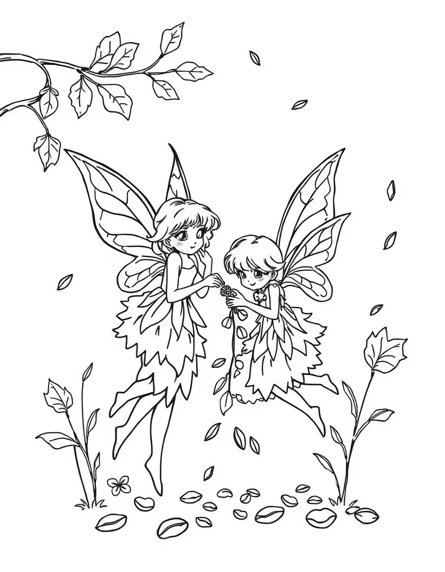 Autumn fairies with leaf-shaped wings collecting falling seeds