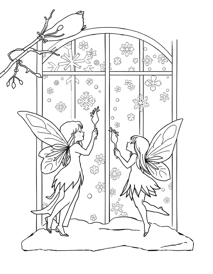 Winter fairies with crystal wands creating frost patterns on windows
