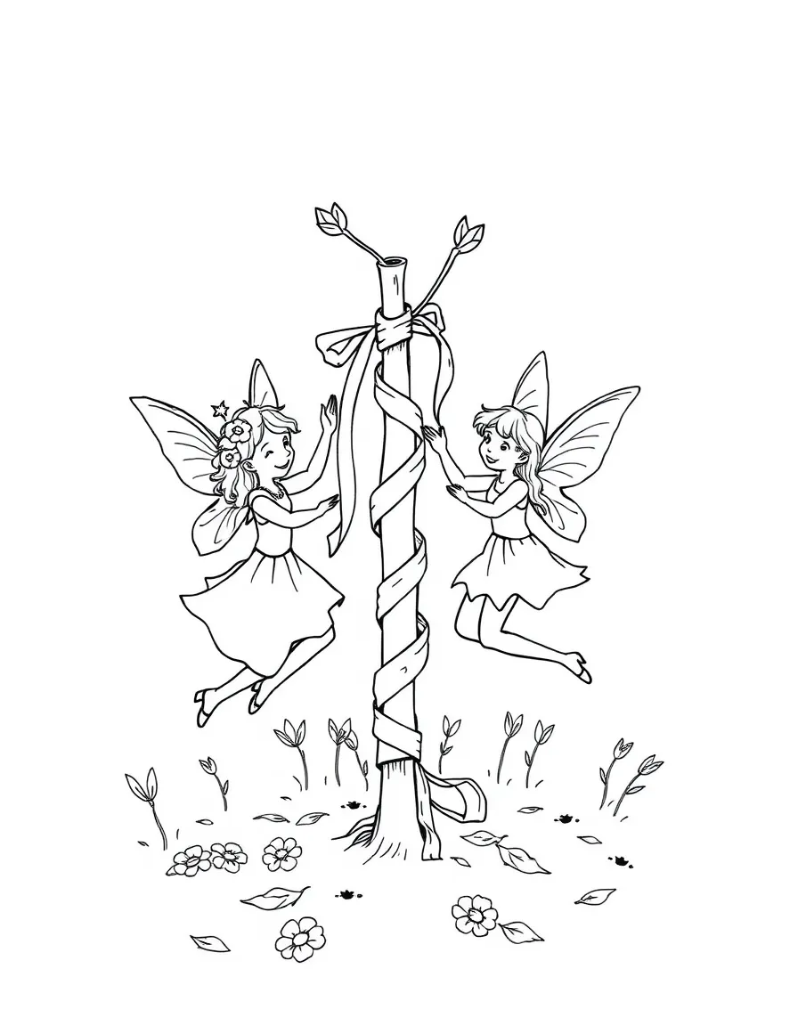 May Day fairies dancing around a miniature maypole made of a twig and ribbons