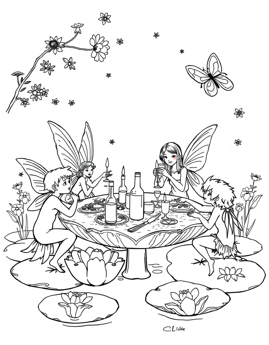 Midsummer fairies celebrating with a feast on lily pad tables
