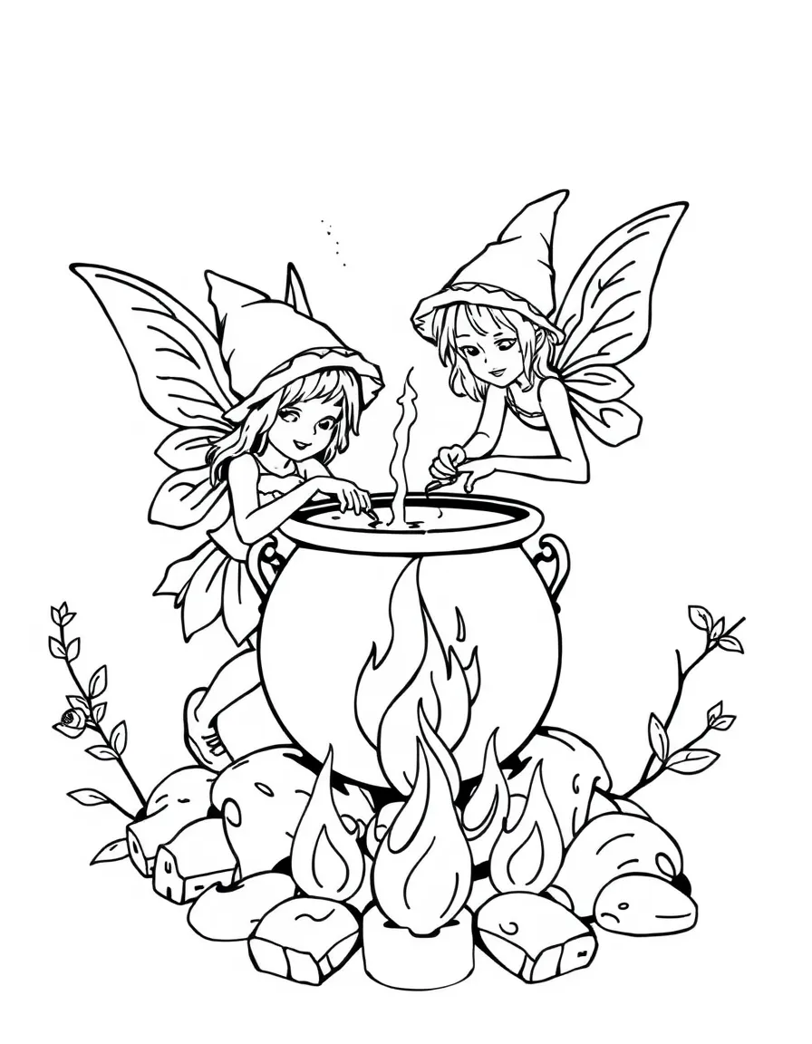 Fairies brewing potions in acorn cap cauldrons over tiny fires