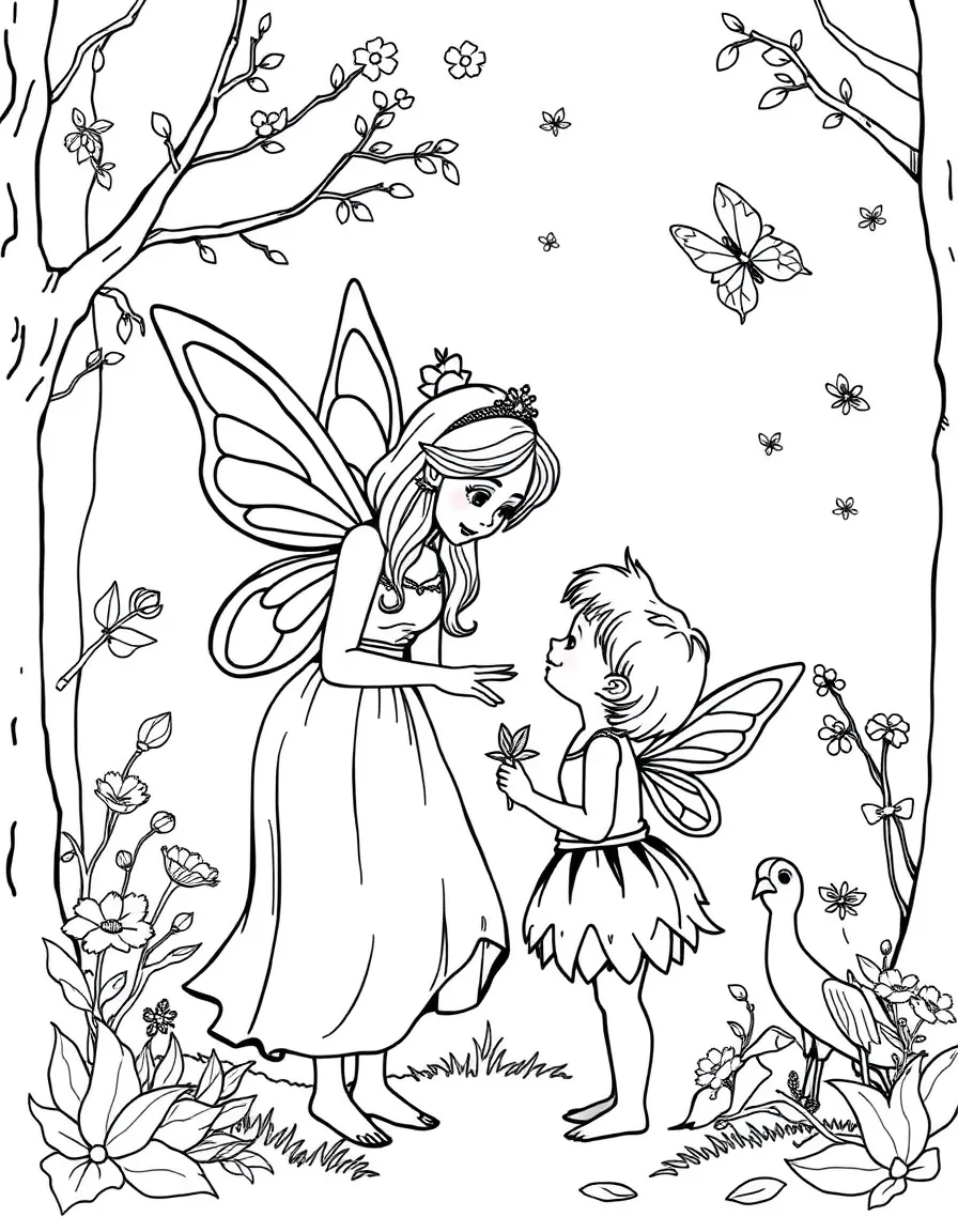 Fairies teaching a young child to see magical creatures in the woods