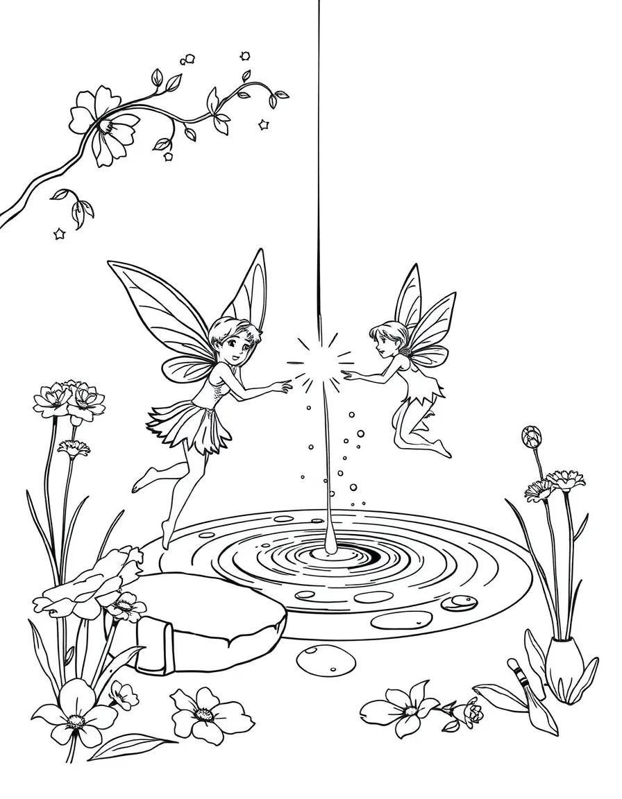 Fairies creating rainbow pools by splitting light through dewdrops