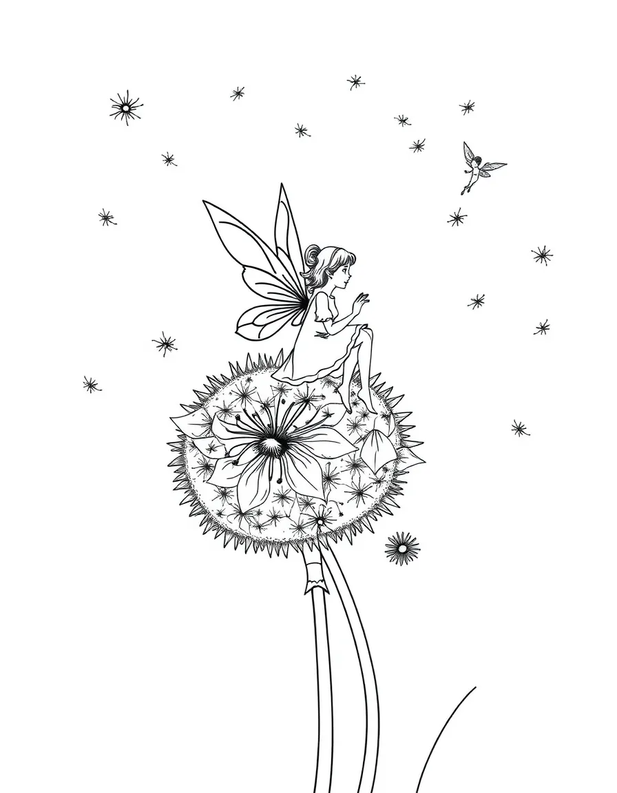 Fairies riding on dandelion seeds floating through the air