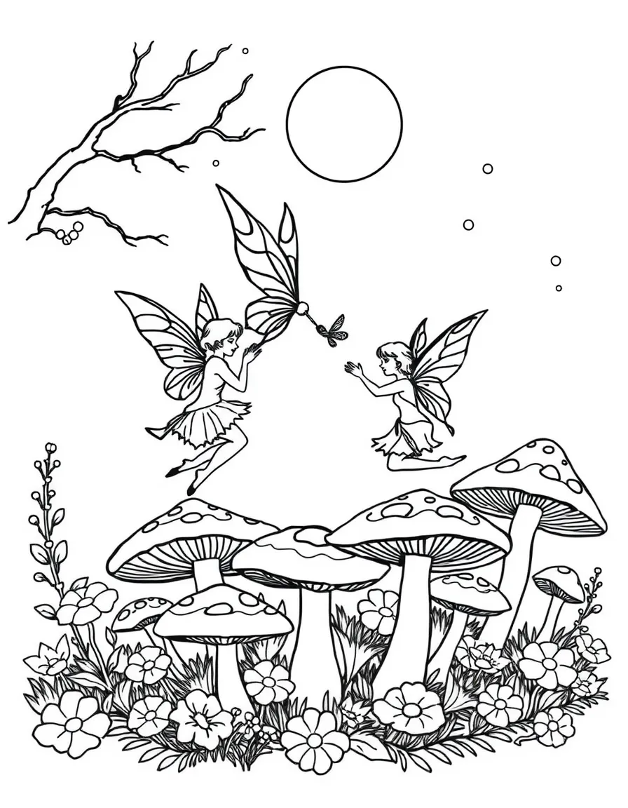 Fairies creating fairy rings of mushrooms under the moonlight