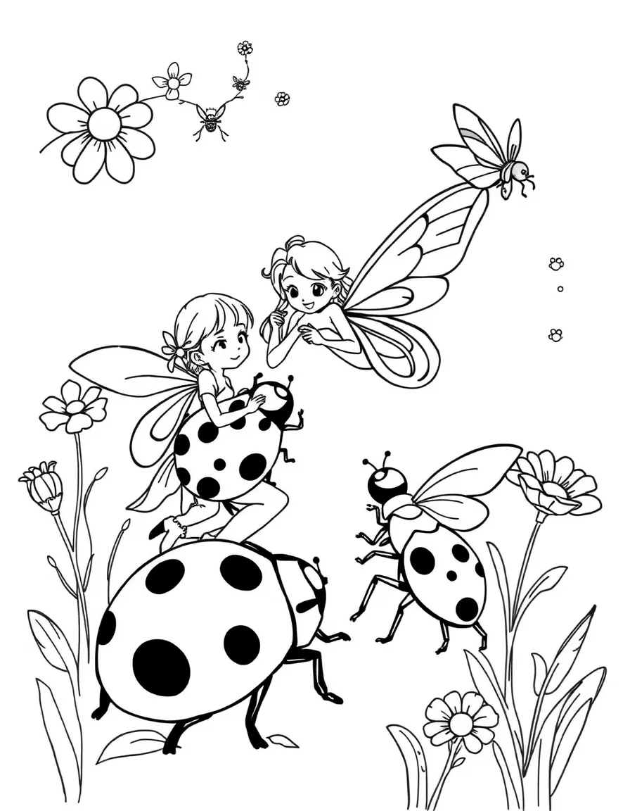 Fairies training ladybugs to carry messages between fairy communities
