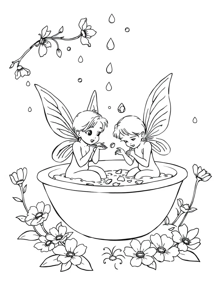 Fairies bathing in dewdrops, using flower petals as washcloths