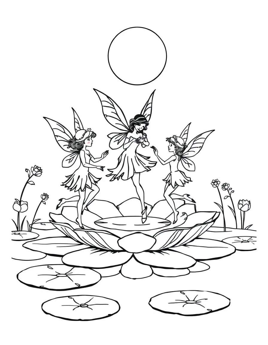 Fairies conducting a moonlight dance class on a lily pad