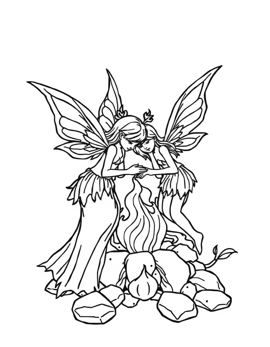 Fire fairies with ember-like wings tending to hearth flames