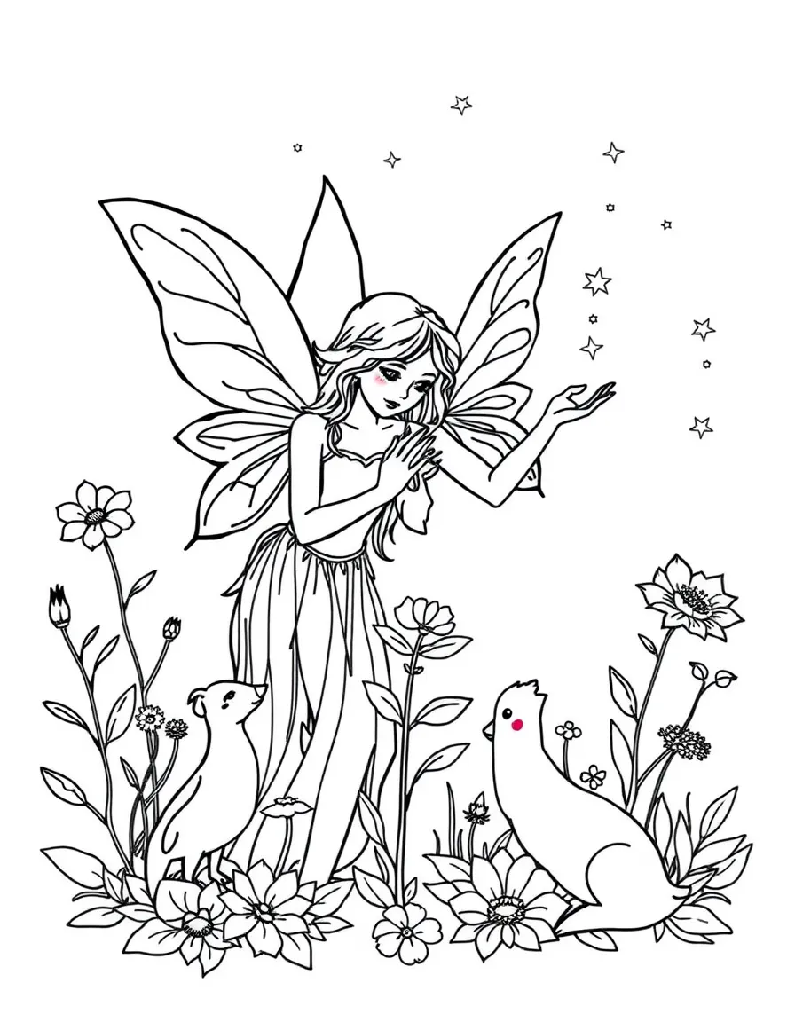 Healing fairies with glowing hands mending broken plants and animals