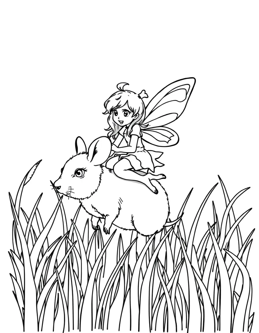 A fairy riding a friendly mouse through tall grass
