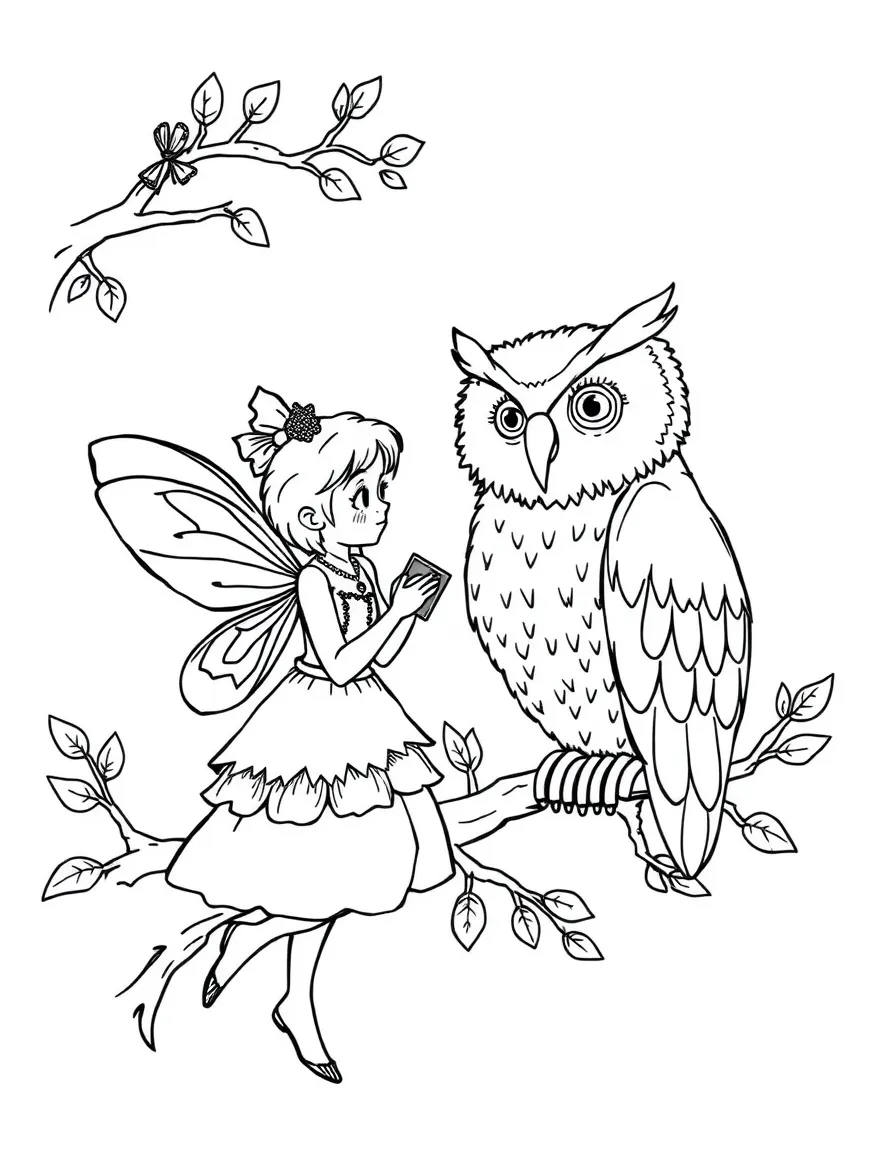 A fairy communicating with a wise old owl about forest news