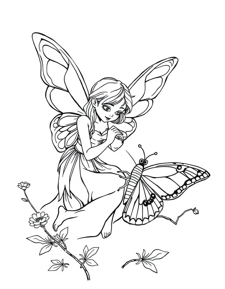 A fairy tending to a wounded butterfly with bandages made of spider silk