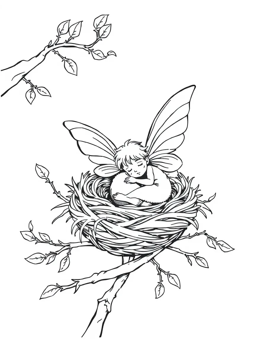 A fairy sleeping in a bird's nest with permission from its feathered friend