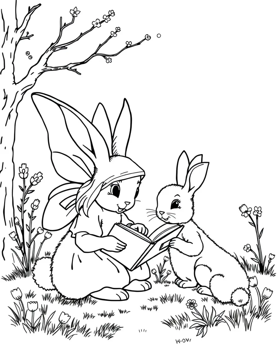 A fairy reading stories to attentive rabbit kits in the moonlight