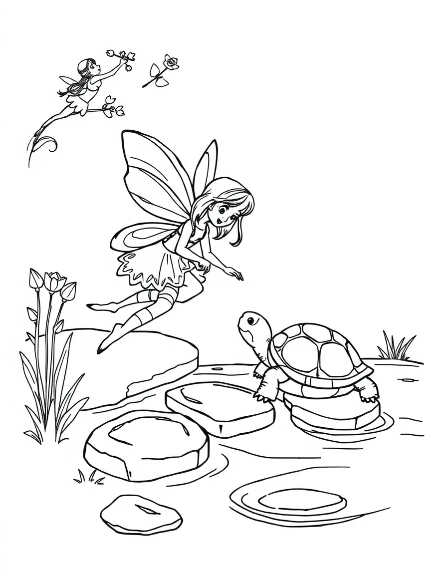 A fairy helping a turtle cross a stream by guiding it to stepping stones