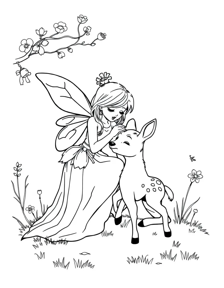 A fairy comforting a lost fawn until its mother returns