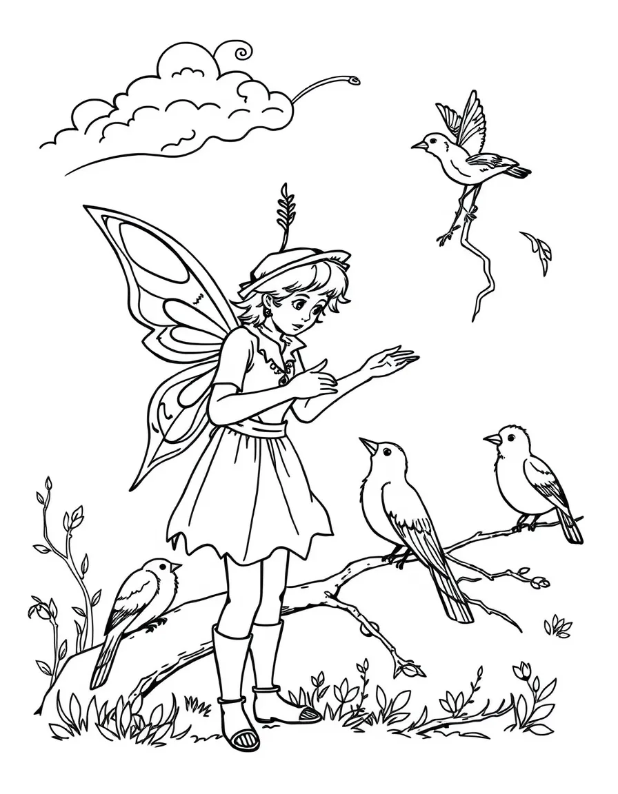 A fairy weatherman consulting with birds about incoming storms