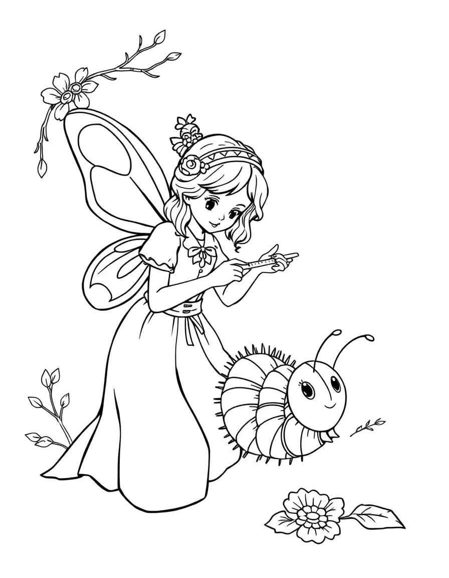 A fairy tailor measuring a caterpillar for a ceremonial cocoon decoration