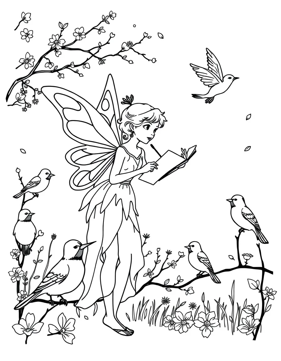 A fairy composer conducting a chorus of songbirds at dawn