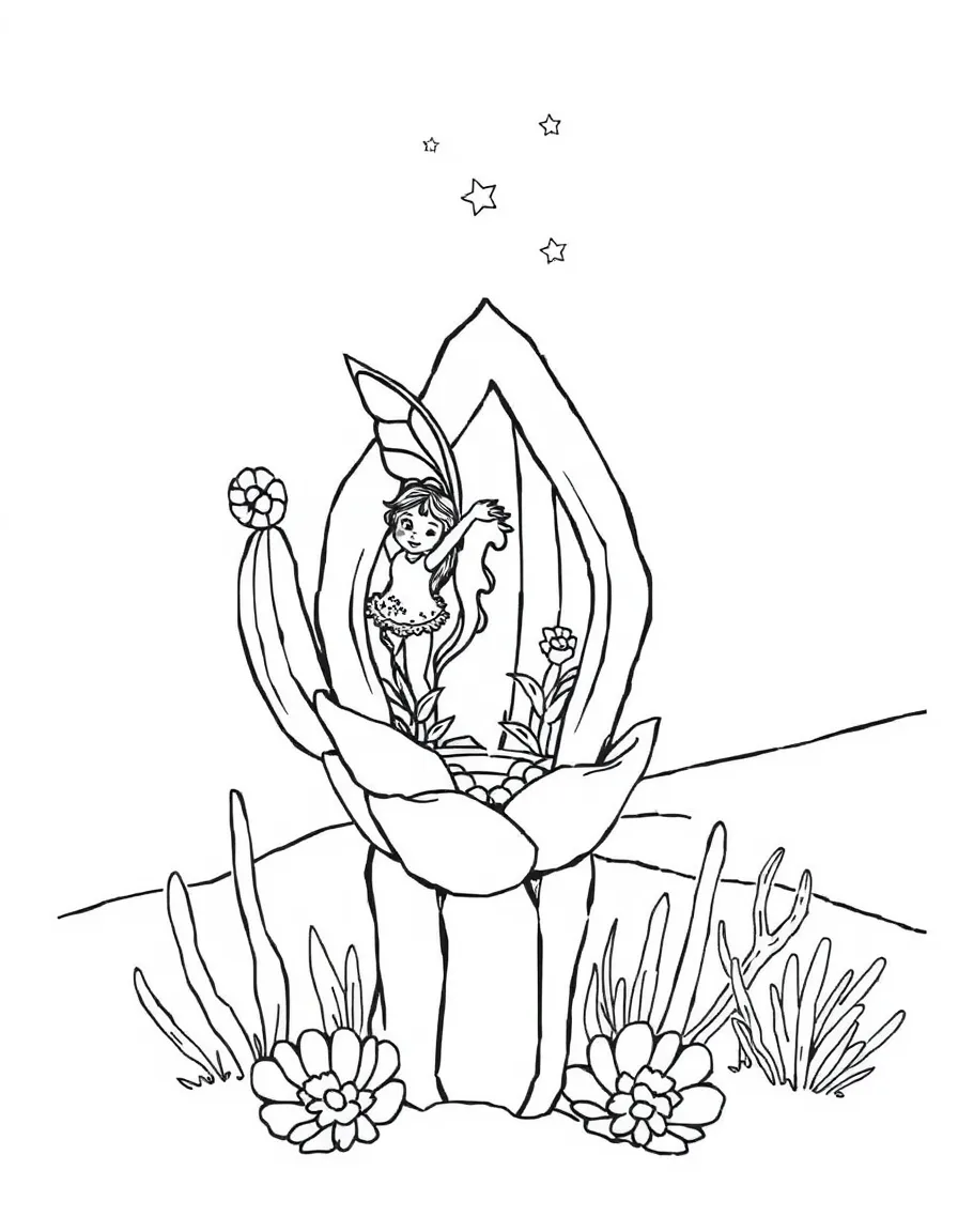 A fairy oasis hidden within a cactus flower in the desert