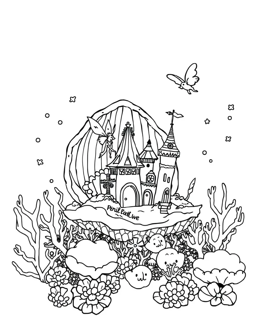 A fairy settlement inside a coral reef with seashell buildings